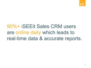 4
90%+ iSEEit Sales CRM users
are online daily which leads to
real-time data & accurate reports.
 