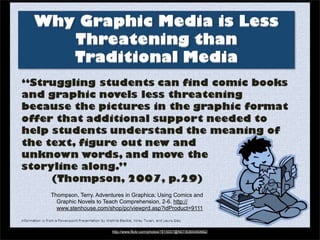 Thompson, Terry. Adventures in Graphica; Using Comics and
Graphic Novels to Teach Comprehension, 2-6. http://
www.stenhouse.com/shop/pc/viewprd.asp?idProduct=9111

http://www.flickr.com/photos/7815007@N07/8365490682/

 