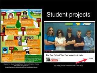 Student projects

Beyond the Book: Infographics of Students’ Reading History
http://www.edutopia.org/
blog/infographics-students-reading-history-sarah-gross

http://www.youtube.com/watch?v=RQGlBeLd4Z0

 