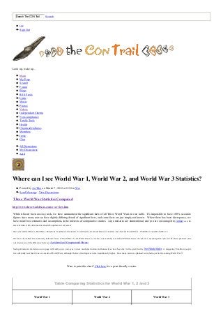 Search The CON Trail             Search


       joe
       Sign Out




Look up, wake up...

       Main
       My Page
       Search
       Forum
       Blogs
       RSS Feeds
       Links
       Music
       Photos
       Videos
       Independant Cinema
       Non-compliance
       Totally Tools
       Health
       Chemtrail Galleries
       Members
       Invite
       Chat

       All Discussions
       My Discussions
       Add




Where can I see World War 1, World War 2, and World War 3 Statistics?
       Posted by Au Tiko on March 7, 2012 at 8:30 in War
       Send Message View Discussions

Three World War Statistics Compared

http://www.threeworldwars.com/overview.htm

While it hasn't been an easy task, we have summarized the significant facts of all Three World Wars in one table. It's impossible to have 100% accurate
figures since many sources have slightly differing details of significant facts, and some facts are just simply not known. Where there has been discrepancy, we
have made best estimates and assumptions, in the interests of comparative studies. Any omissions are unintentional, and you are encouraged to contact us with
relevant links where information should be updated or corrected.


We've listed Start Dates, End Dates, Durations, Number of Casualties, Countries Involved and Names of Leaders Involved for World War 1, World War 2 and World War 3.


We have also tabled the commonly believed Cause of World War 1 and World War 2, as well as our carefully researched Planned Cause of each war, assuming that each war has been planned. (See
our discussion of the difference between Accidental and Conspiratorial History ).


Seeing all relevant statistics on one page will really open your eyes to how much destruction and human lives have been lost in the quest for the New World Order. A staggering 70 million people
have officially lost their lives as a result of World Wars, although I believe this figure is in fact significantly higher. How many more are planned to be destroyed in the coming World War 3?




                                                            Want to print this chart? Click here for a print-friendly version.




                                              Table Comparing Statistics for World War 1, 2 and 3


                       World War 1                                                        World War 2                                                         World War 3
 