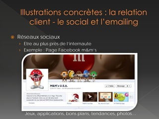    Réseaux sociaux
    › Etre au plus près de l’internaute
    › Exemple : Page Facebook m&m’s




      Jeux, applications, bons plans, tendances, photos…
 