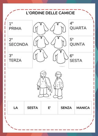 L’ORDINE DELLE CAMICIE
1°
PRIMA
2°
SECONDA
3°
TERZA
4°
QUARTA
5°
QUINTA
6°
SESTA
LA SESTA E’ SENZA MANICA
 