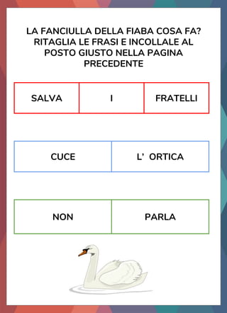 LA FANCIULLA DELLA FIABA COSA FA?
RITAGLIA LE FRASI E INCOLLALE AL
POSTO GIUSTO NELLA PAGINA
PRECEDENTE
SALVA I FRATELLI
NON PARLA
CUCE L’ ORTICA
 