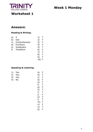 Week 1 Monday
Worksheet 1
3
Answers:
Reading & Writing:
a) 4
b) Gist
c) Comprehension
d) Functions
e) Vocabulary
f) Transform
1) T
2) T
3) F
4) F
5) T
6) F
7) T
8) T
9) T
10) F
Speaking & Listening:
1) Yes.
2) Yes.
3) Yes.
4) No.
a) F
b) T
c) T
d) F
e) F
f) T
g) F
h) T
i) T
j) F
k) T
l) T
m) T
n) F
o) T
p) F
 