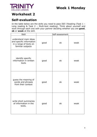 Week 1 Monday
Worksheet 2
4
Self-evaluation
In the table below are the skills you need to pass ISE I Reading (Task 1 –
Long reading & Task 2 – Multi-text reading). Think about yourself and
work through each one with your partner deciding whether you are good,
ok or weak at the skill.
Skill Self-assessment
understand main ideas
and specific information
in a range of texts on
familiar subjects
good ok weak
identify specific
information in written
texts
good ok weak
guess the meaning of
words and phrases
from their context
good ok weak
write short summaries
of information in the
texts.
good ok weak
 
