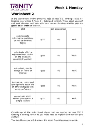 Week 1 Monday
Worksheet 2
6
In the table below are the skills you need to pass ISE I Writing (Tasks 3 –
Reading into writing & Task 4 – Extended writing). Think about yourself
and work through each one with your partner deciding whether you are
good, ok or weak at the skill.
Skill Self-assessment
communicate
information and ideas
on lots of different
topics
good ok weak
write texts which a
organised well so that
all the ideas are
connected together.
good ok weak
write short, simple
essays on topics of
interest
good ok weak
summarise, report and
give opinions about lots
of different topics with
some confidence
good ok weak
paraphrase short,
written passages in a
simple fashion
good ok weak
Considering all the skills listed above that are needed to pass ISE I
Reading & Writing, which do you most need to improve and how will you
do that?
You should ask yourself & answer the same 2 questions once a week.
 