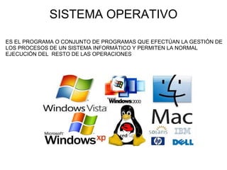 SISTEMA OPERATIVO ES EL PROGRAMA O CONJUNTO DE PROGRAMAS QUE EFECTÚAN LA GESTIÓN DE LOS PROCESOS DE UN SISTEMA INFORMÁTICO Y PERMITEN LA NORMAL EJECUCIÓN DEL  RESTO DE LAS OPERACIONES 