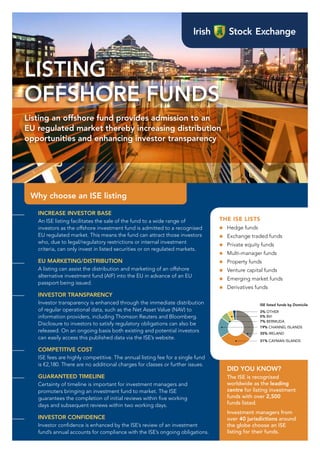 Listing
Offshore Funds
Listing an offshore fund provides admission to an
EU regulated market thereby increasing distribution
opportunities and enhancing investor transparency

Why choose an ISE listing
Increase Investor Base
An ISE listing facilitates the sale of the fund to a wide range of
investors as the offshore investment fund is admitted to a recognised
EU regulated market. This means the fund can attract those investors
who, due to legal/regulatory restrictions or internal investment
criteria, can only invest in listed securities or on regulated markets.
EU Marketing/Distribution
A listing can assist the distribution and marketing of an offshore
alternative investment fund (AIF) into the EU in advance of an EU
passport being issued.
Investor Transparency
Investor transparency is enhanced through the immediate distribution
of regular operational data, such as the Net Asset Value (NAV) to
information providers, including Thomson Reuters and Bloomberg.
Disclosure to investors to satisfy regulatory obligations can also be
released. On an ongoing basis both existing and potential investors
can easily access this published data via the ISE’s website.
Competitive Cost
ISE fees are highly competitive. The annual listing fee for a single fund
is €2,180. There are no additional charges for classes or further issues.

The ISE lists
n	

Hedge funds

n	

Exchange traded funds

n	

Private equity funds

n	

Multi-manager funds

n	

Property funds

n	

Venture capital funds

n	

Emerging market funds

n	

Derivatives funds
ISE listed funds by Domicile
3% OTHER
5% BVI
7% BERMUDA
19% CHANNEL ISLANDS
35% IRELAND
31% CAYMAN ISLANDS

Did you know?

Guaranteed Timeline
Certainty of timeline is important for investment managers and
promoters bringing an investment fund to market. The ISE
guarantees the completion of initial reviews within five working
days and subsequent reviews within two working days.

The ISE is recognised
worldwide as the leading
centre for listing investment
funds with over 2,500
funds listed.

Investor Confidence
Investor confidence is enhanced by the ISE’s review of an investment
fund’s annual accounts for compliance with the ISE’s ongoing obligations.

Investment managers from
over 40 jurisdictions around
the globe choose an ISE
listing for their funds.

 