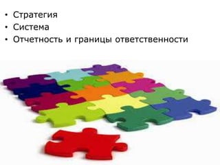 • Стратегия
• Система
• Отчетность и границы ответственности
 