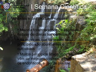 I Semana Científica
Verdades sobre produtos naturais:

   • Maioria foram isolados de espécies
   nativas de climas temperados
   • As espécies que fornecem tais
   princípios são abundantes e
   cultiváveis
   • Muitos princípios ativos naturais
   vêm de microorganismos, incluindo
   os endofíticos, e não de plantas
 