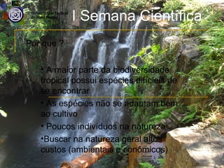 I Semana Científica
Por que ?

   • A maior parte da biodiversidade
   tropical possui espécies difícieis de
   se encontrar
   • As espécies não se adaptam bem
   ao cultivo
   • Poucos indivíduos na natureza
   •Buscar na natureza geral altos
   custos (ambientais e conômicos)
 