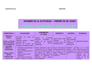 DOCENTE DE AULA DIRECTORA
COMPETENCIA CAPACIDADES
DESEMPEÑOS
PROPÓSITO CRITERIO EVIDENCIA
03 AÑOS
PERSONAL
SOCIAL
Convive y participa
democráticamente
en la búsqueda del
bien común.
• Interactúa con todas las
personas.
• Construye normas, y asume
acuerdos y leyes.
• Participa en acciones que
promueven el bienestar común.
Colabora en actividades
colectivas orientadas al
cuidado de los recursos,
materiales y espacios
compartidos.
Que los niños y niñas
disfruten de
actividad para que
conozcan las 3 R.
Expresa sus
ideas, opiniones
frente a sus
compañeros,
sobre las 3 R.
Responde preguntas.
CIENCIA Y
TECNOLOGÍA
Indaga mediante
métodos
científicos para
construir sus
 Problematiza situaciones para
hacer indagación.
 Diseña estrategias para hacer
indagación.
 Genera y registra datos o
información.
 Analiza datos e información.
• Evalúa y comunica el proceso y
Obtiene información sobre las
características de los objetos,
seres vivos o fenómenos naturales
que observa y/o explora, y
establece relaciones entre ellos.
Registra la información de
diferentes formas (dibujos,
fotos, modelados)
Que el niño descubra
las 3R relacionadas con
el reciclaje y como
puede beneficiar al
ambiente poniéndolas
en práctica.
Identifica que
acciones hacer
relacionadas con
la práctica de las
3R.
Pega en la parte
externa de su aula, sus
fichas decoradas para
comunicar a su familia
educativa que es
necesario tener en
cuenta las 3R del
reciclaje.
NOMBRE DE LA ACTIVIDAD – VIERNES 02 DE JUNIO
¿CÓMO PODEMOS RECICLAR?
 
