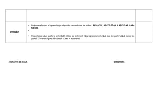 CIERRE
 Podemos reforzar el aprendizaje adquirido cantando con los niños : REDUCIR, REUTILIZAR Y RECICLAR PARA
NIÑOS

 Preguntamos: ¿Les gusto la actividad? ¿Cómo se sintieron? ¿Qué aprendieron? ¿Qué más les gusto? ¿Qué menos les
gusto? ¿Tuvieron alguna dificultad? ¿Cómo lo superaron?
DOCENTE DE AULA DIRECTORA
 