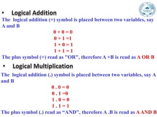The logical addition (+) symbol is placed between two variables, say
A and B
0 + 0 = 0
0 + 1 =1
1 + 0 = 1
1 + 1 = 1
The plus symbol (+) read as "OR", therefore A +B is read as A OR B
The logical addition (.) symbol is placed between two variables, say A
and B
0 . 0 = 0
0 . 1 =0
1 . 0 = 0
1 . 1 = 1
The plus symbol (.) read as “AND", therefore A .B is read as AAND B
 