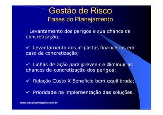Gestão de Risco
                   Fases do Planejamento
     Levantamento dos perigos e sua chance de
    concretização;

       Levantamento dos impactos financeiros em
    caso de concretização;

       Linhas de ação para prevenir e diminuir as
    chances de concretização dos perigos;

        Relação Custo X Benefício bem equilibrada;

        Prioridade na implementação das soluções.

www.escolaprotegida.com.br
 