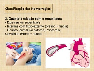 Classificação das Hemorragias:
2. Quanto à relação com o organismo:
- Externas ou superficiais
- Internas com fluxo externo (prefixo + rragia)
- Ocultas (sem fluxo externo), Viscerais,
Cavitárias (Hemo + sufixo)
 