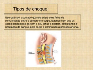 Tipos de choque:
Neurogênico: acontece quando existe uma falha de
comunicação entre o cérebro e o corpo, fazendo com que os
vasos sanguíneos percam o seu tônus e dilatem, dificultando a
circulação do sangue pelo corpo e diminuindo a pressão arterial.
 