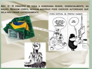 ART. 3.º O PRINCÍPIO DE TODA A SOBERANIA RESIDE, ESSENCIALMENTE, NA
NAÇÃO. NENHUM CORPO, NENHUM INDIVÍDUO PODE EXERCER AUTORIDADE QUE
DELA NÃO EMANE EXPRESSAMENTE.
 