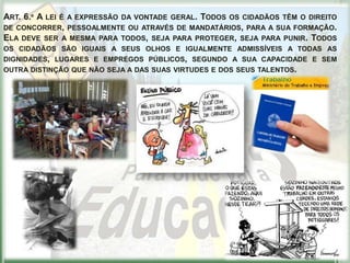 ART. 6.º A LEI É A EXPRESSÃO DA VONTADE GERAL. TODOS OS CIDADÃOS TÊM O DIREITO
DE CONCORRER, PESSOALMENTE OU ATRAVÉS DE MANDATÁRIOS, PARA A SUA FORMAÇÃO.
ELA DEVE SER A MESMA PARA TODOS, SEJA PARA PROTEGER, SEJA PARA PUNIR. TODOS
OS CIDADÃOS SÃO IGUAIS A SEUS OLHOS E IGUALMENTE ADMISSÍVEIS A TODAS AS
DIGNIDADES, LUGARES E EMPREGOS PÚBLICOS, SEGUNDO A SUA CAPACIDADE E SEM
OUTRA DISTINÇÃO QUE NÃO SEJA A DAS SUAS VIRTUDES E DOS SEUS TALENTOS.
 