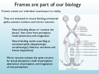 Frames are part of our biology
Frames create our individual counterpart to reality

They are activated in neural binding, emotional
paths, somatic markers and mirror neurons
Neural binding allows to “connect the
pieces” that come from perception,
recall, abstraction, and imagination
Neural binding works according to
emotional paths (dopaminergic,
noradrenergic), linked to narratives and
frames (hypothesis)
Mirror neurons activate the same circuitry
for actual perception, recall of perception,
abstraction of perception, and imagination
of new perceptions

 