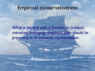 Empirical conservativeness

What is present with a function in (evident,
extracted, emerging) empirical data should be
preserved in its semantic representation

 