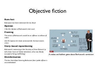 Objective ﬁction
Bare fact
Berlusconi has been sentenced for tax fraud

Opinion
I like the decision of Berlusconi’s trial court

Framing
The arrest of Berlusconi’s would be an offense to millions of
voters
Like Al Capone, he’s been sentenced for the least severe
crime

Story-based repositioning
Berlusconi’s sentencing is like the story of Enzo Tortora’s (a
talk show host on Italian television, who was falsely
accused of drug trafﬁcking)

Disinformation
The law that allows banning Berlusconi from public ofﬁces is
unconstitutional

A snakes and ladders game about Berlusconi’s conviction

 