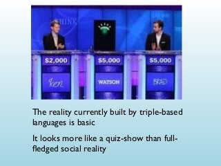 The reality currently built by triple-based
languages is basic
It looks more like a quiz-show than fullﬂedged social reality

 