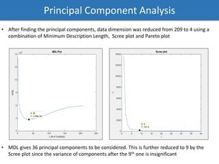 Principal Component Analysis
• After finding the principal components, data dimension was reduced from 209 to 4 using a
combination of Minimum Description Length, Scree plot and Pareto plot
• MDL gives 36 principal components to be considered. This is further reduced to 9 by the
Scree plot since the variance of components after the 9th one is insignificant
 