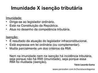 Imunidade X isenção tributária
Imunidade:
• Dirige-se ao legislador ordinário.
• Está na Constituição da República.
• Atua no desenho da competência tributária.

Isenção:
• É resultado da atuação do legislador infraconstitucional.
• Está expressa em lei ordinária (ou complementar).
• Mutila parcialmente um dos critérios da RMI.

  Nem na imunidade nem na isenção há incidência tributária,
  seja porque não há RMI (imunidade), seja porque essa
  RMI foi mutilada (isenção).
                                                    Tácio Lacerda Gama
                                 www.parasaber.com.br/taciolacerdagama
 