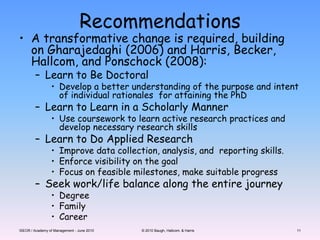 RecommendationsA transformative change is required, building on Gharajedaghi (2006) and Harris, Becker, Hallcom, and Ponschock (2008):Learn to Be DoctoralDevelop a better understanding of the purpose and intent of individual rationales  for attaining the PhDLearn to Learn in a Scholarly MannerUse coursework to learn active research practices and develop necessary research skillsLearn to Do Applied ResearchImprove data collection, analysis, and  reporting skills.Enforce visibility on the goal Focus on feasible milestones, make suitable progressSeek work/life balance along the entire journeyDegree  FamilyCareerISEOR / Academy of Management - June 2010© 2010 Baugh, Hallcom, & Harris11