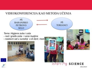 VIDEOKONFERENCIJA KAO METODA UČENJA
PŠ
BARANJSKO
PETROVO
SELO
PŠ
TORJANCI
Tema: Higijena zuba i usta
- rast i građa zuba i usne šupljine
- nastavni sat u suradnji s dr.dent. med.
 