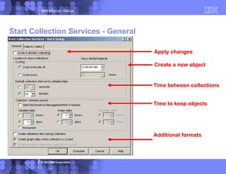 IBM eServer iSeries
© 2003 IBM Corporation
Create a new object
Time between collections
Additional formats
Time to keep objects
Apply changes
Start Collection Services - General
 