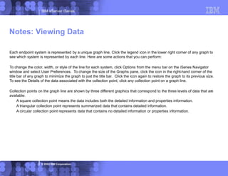 IBM eServer iSeries
© 2003 IBM Corporation
Each endpoint system is represented by a unique graph line. Click the legend icon in the lower right corner of any graph to
see which system is represented by each line. Here are some actions that you can perform:
To change the color, width, or style of the line for each system, click Options from the menu bar on the iSeries Navigator
window and select User Preferences. To change the size of the Graphs pane, click the icon in the right-hand corner of the
title bar of any graph to minimize the graph to just the title bar. Click the icon again to restore the graph to its previous size.
To see the Details of the data associated with the collection point, click any collection point on a graph line.
Collection points on the graph line are shown by three different graphics that correspond to the three levels of data that are
available:
A square collection point means the data includes both the detailed information and properties information.
A triangular collection point represents summarized data that contains detailed information.
A circular collection point represents data that contains no detailed information or properties information.
Notes: Viewing Data
 