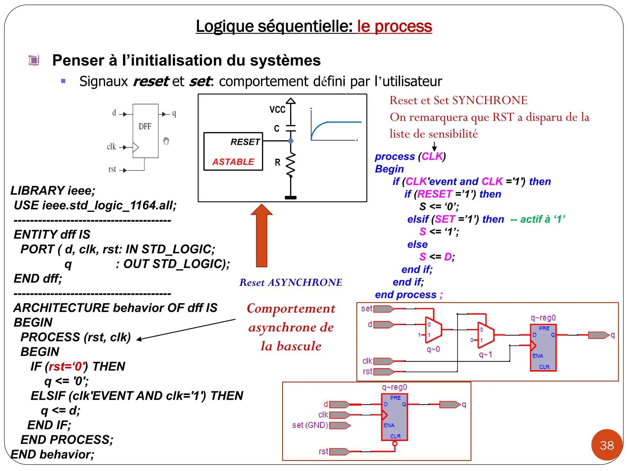 38
Logique séquentielle: le process
Penser à l’initialisation du systèmes
 Signaux reset et set: comportement défini par l’utilisateur
LIBRARY ieee;
USE ieee.std_logic_1164.all;
---------------------------------------
ENTITY dff IS
PORT ( d, clk, rst: IN STD_LOGIC;
q : OUT STD_LOGIC);
END dff;
---------------------------------------
ARCHITECTURE behavior OF dff IS
BEGIN
PROCESS (rst, clk)
BEGIN
IF (rst=‘0') THEN
q <= '0';
ELSIF (clk'EVENT AND clk='1') THEN
q <= d;
END IF;
END PROCESS;
END behavior;
Reset ASYNCHRONE
process (CLK)
Begin
if (CLK'event and CLK ='1') then
if (RESET =’1’) then
S <= ‘0’;
elsif (SET =’1’) then -- actif à ‘1’
S <= ‘1’;
else
S <= D;
end if;
end if;
end process ;
Reset et Set SYNCHRONE
On remarquera que RST a disparu de la
liste de sensibilité
Comportement
asynchrone de
la bascule
RESET
ASTABLE
C
VCC
R
 