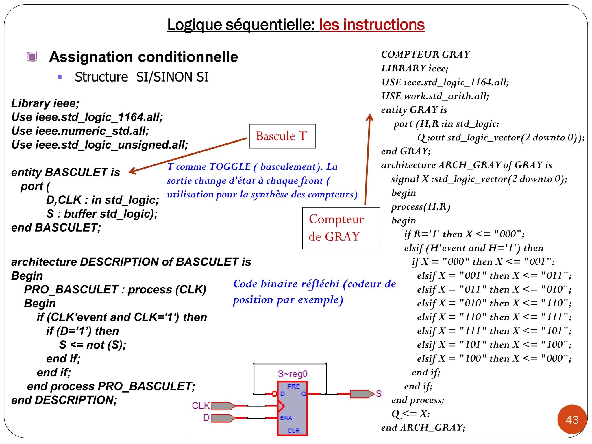 43
Logique séquentielle: les instructions
Assignation conditionnelle
 Structure SI/SINON SI
Library ieee;
Use ieee.std_logic_1164.all;
Use ieee.numeric_std.all;
Use ieee.std_logic_unsigned.all;
entity BASCULET is
port (
D,CLK : in std_logic;
S : buffer std_logic);
end BASCULET;
Bascule T
Compteur
de GRAY
T comme TOGGLE ( basculement). La
sortie change d’état à chaque front (
utilisation pour la synthèse des compteurs)
Code binaire réfléchi (codeur de
position par exemple)
architecture DESCRIPTION of BASCULET is
Begin
PRO_BASCULET : process (CLK)
Begin
if (CLK'event and CLK='1') then
if (D=’1’) then
S <= not (S);
end if;
end if;
end process PRO_BASCULET;
end DESCRIPTION;
COMPTEUR GRAY
LIBRARY ieee;
USE ieee.std_logic_1164.all;
USE work.std_arith.all;
entity GRAY is
port (H,R :in std_logic;
Q :out std_logic_vector(2 downto 0));
end GRAY;
architecture ARCH_GRAY of GRAY is
signal X :std_logic_vector(2 downto 0);
begin
process(H,R)
begin
if R='1' then X <= "000";
elsif (H'event and H='1') then
if X = "000" then X <= "001";
elsif X = "001" then X <= "011";
elsif X = "011" then X <= "010";
elsif X = "010" then X <= "110";
elsif X = "110" then X <= "111";
elsif X = "111" then X <= "101";
elsif X = "101" then X <= "100";
elsif X = "100" then X <= "000";
end if;
end if;
end process;
Q <= X;
end ARCH_GRAY;
 