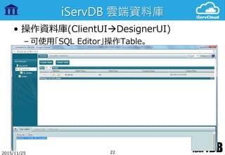 iServDB 雲端資料庫
• 操作資料庫(ClientUIDesignerUI)
– 可使用「SQL Editor」操作Table。
2015/11/25 22
 