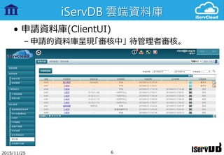 iServDB 雲端資料庫
• 申請資料庫(ClientUI)
– 申請的資料庫呈現「審核中」 待管理者審核。
2015/11/25 6
 