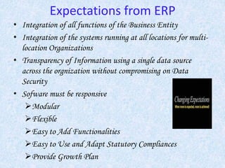 Expectations from ERP
• Integration of all functions of the Business Entity
• Integration of the systems running at all locations for multi-
location Organizations
• Transparency of Information using a single data source
across the orgnization without compromising on Data
Security
• Sofware must be responsive
Modular
Flexible
Easy to Add Functionalities
Easy to Use and Adapt Statutory Compliances
Provide Growth Plan
 