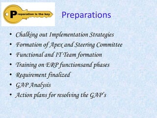 Preparations
• Chalking out Implementation Strategies
• Formation of Apex and Steering Committee
• Functional and IT Team formation
• Training on ERP functionsand phases
• Requirement finalized
• GAP Analysis
• Action plans for resolving the GAP’s
 