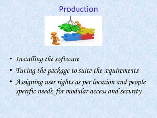 Production
• Installing the software
• Tuning the package to suite the requirements
• Assigning user rights as per location and people
specific needs, for modular access and security
 