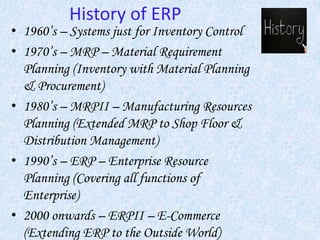 History of ERP
• 1960’s – Systems just for Inventory Control
• 1970’s – MRP – Material Requirement
Planning (Inventory with Material Planning
& Procurement)
• 1980’s – MRPII – Manufacturing Resources
Planning (Extended MRP to Shop Floor &
Distribution Management)
• 1990’s – ERP – Enterprise Resource
Planning (Covering all functions of
Enterprise)
• 2000 onwards – ERPII – E-Commerce
(Extending ERP to the Outside World)
 