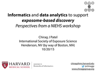 Informatics and data analytics to support
exposome-based discovery
Perspectives from a NIEHS workshop
Chirag J Patel
International Society of Exposure Science
Henderson, NV (by way of Boston, MA)
10/20/15
chirag@hms.harvard.edu
@chiragjp
www.chiragjpgroup.org
 