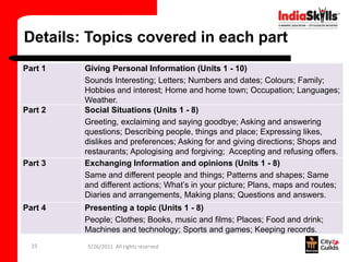 Details: Topics covered in each part
Part 1   Giving Personal Information (Units 1 - 10)
         Sounds Interesting; Letters; Numbers and dates; Colours; Family;
         Hobbies and interest; Home and home town; Occupation; Languages;
         Weather.
Part 2   Social Situations (Units 1 - 8)
         Greeting, exclaiming and saying goodbye; Asking and answering
         questions; Describing people, things and place; Expressing likes,
         dislikes and preferences; Asking for and giving directions; Shops and
         restaurants; Apologising and forgiving; Accepting and refusing offers.
Part 3   Exchanging Information and opinions (Units 1 - 8)
         Same and different people and things; Patterns and shapes; Same
         and different actions; What’s in your picture; Plans, maps and routes;
         Diaries and arrangements, Making plans; Questions and answers.
Part 4   Presenting a topic (Units 1 - 8)
         People; Clothes; Books, music and films; Places; Food and drink;
         Machines and technology; Sports and games; Keeping records.
  19     5/26/2011 All rights reserved
 