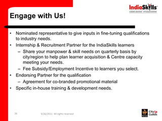 Engage with Us!

• Nominated representative to give inputs in fine-tuning qualifications
  to industry needs.
• Internship & Recruitment Partner for the IndiaSkills learners
   – Share your manpower & skill needs on quarterly basis by
      city/region to help plan learner acquisition & Centre capacity
      meeting your needs.
   – Fee Subsidy/Employment Incentive to learners you select.
• Endorsing Partner for the qualification
   – Agreement for co-branded promotional material
• Specific in-house training & development needs.




  26           5/26/2011 All rights reserved
 