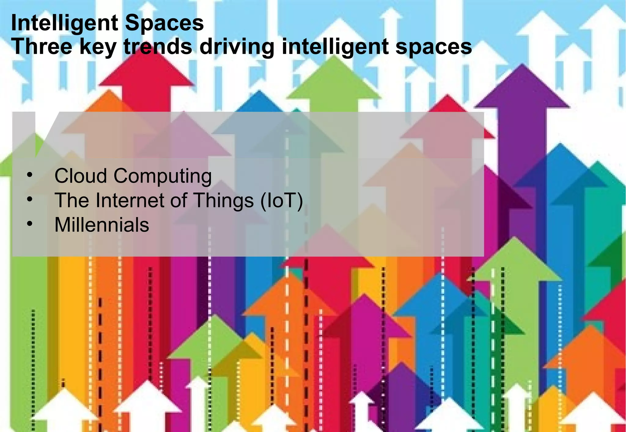 Intelligent Spaces
Three key trends driving intelligent spaces
• Cloud Computing
• The Internet of Things (IoT)
• Millennials
 