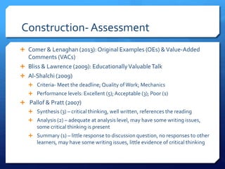 Construction- Assessment 
 Comer & Lenaghan (2013): Original Examples (OEs) & Value-Added 
Comments (VACs) 
 Bliss & Lawrence (2009): Educationally Valuable Talk 
 Al-Shalchi (2009) 
 Criteria- Meet the deadline; Quality of Work; Mechanics 
 Performance levels: Excellent (5); Acceptable (3); Poor (1) 
 Pallof & Pratt (2007) 
 Synthesis (3) – critical thinking, well written, references the reading 
 Analysis (2) – adequate at analysis level, may have some writing issues, 
some critical thinking is present 
 Summary (1) – little response to discussion question, no responses to other 
learners, may have some writing issues, little evidence of critical thinking 
 