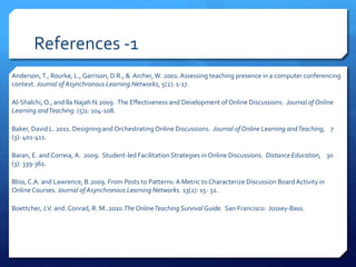 References -1 
Anderson, T., Rourke, L., Garrison, D.R., & Archer, W. 2001. Assessing teaching presence in a computer conferencing 
context. Journal of Asynchronous Learning Networks, 5(2): 1-17. 
Al-Shalchi, O., and lla Najah N.2009. The Effectiveness and Development of Online Discussions. Journal of Online 
Learning and Teaching. (5)1: 104-108. 
Baker, David L. 2011. Designing and Orchestrating Online Discussions. Journal of Online Learning and Teaching, 7 
(3): 401-411. 
Baran, E. and Correia, A. 2009. Student-led Facilitation Strategies in Online Discussions. Distance Education, 30 
(3): 339-361. 
Bliss, C.A. and Lawrence, B.2009. From Posts to Patterns: A Metric to Characterize Discussion Board Activity in 
Online Courses. Journal of Asynchronous Learning Networks. 13(2): 15- 32. 
Boettcher, J.V. and. Conrad, R. M..2010.The Online Teaching Survival Guide. San Francisco: Jossey-Bass. 
 