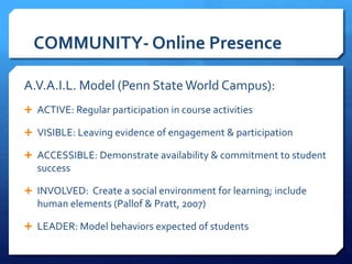 COMMUNITY- Online Presence 
A.V.A.I.L. Model (Penn State World Campus): 
 ACTIVE: Regular participation in course activities 
 VISIBLE: Leaving evidence of engagement & participation 
 ACCESSIBLE: Demonstrate availability & commitment to student 
success 
 INVOLVED: Create a social environment for learning; include 
human elements (Pallof & Pratt, 2007) 
 LEADER: Model behaviors expected of students 
 