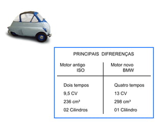 PRINCIPAIS DIFRERENÇAS
Motor antigo
ISO

Motor novo
BMW

Dois tempos

Quatro tempos

9,5 CV

13 CV

236 cm³

298 cm³

02 Cilindros

01 Clilindro

 