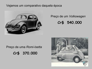 Vejamos um comparativo daquela época
Preço de um Volkswagen

Cr$ 540.000

Preço de uma Romi-Isetta

Cr$ 370.000

 